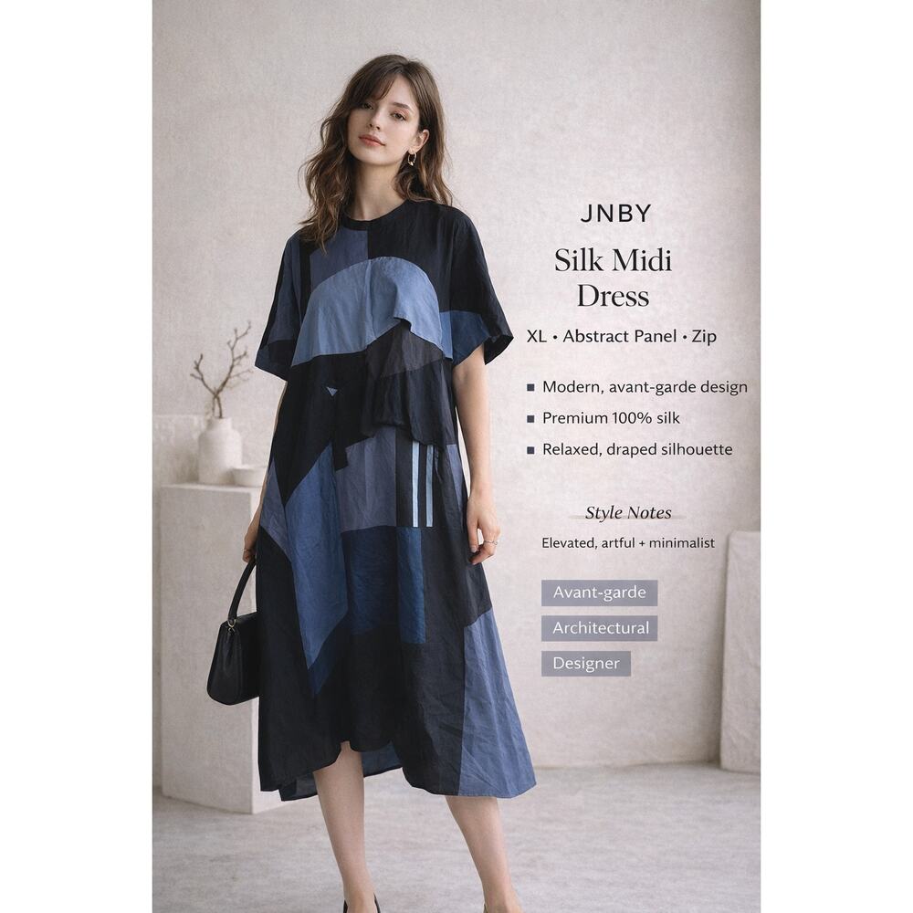 JNBY Silk Midi Dress XL Blue Abstract Panel Avant Garde Zip Artsy Designer